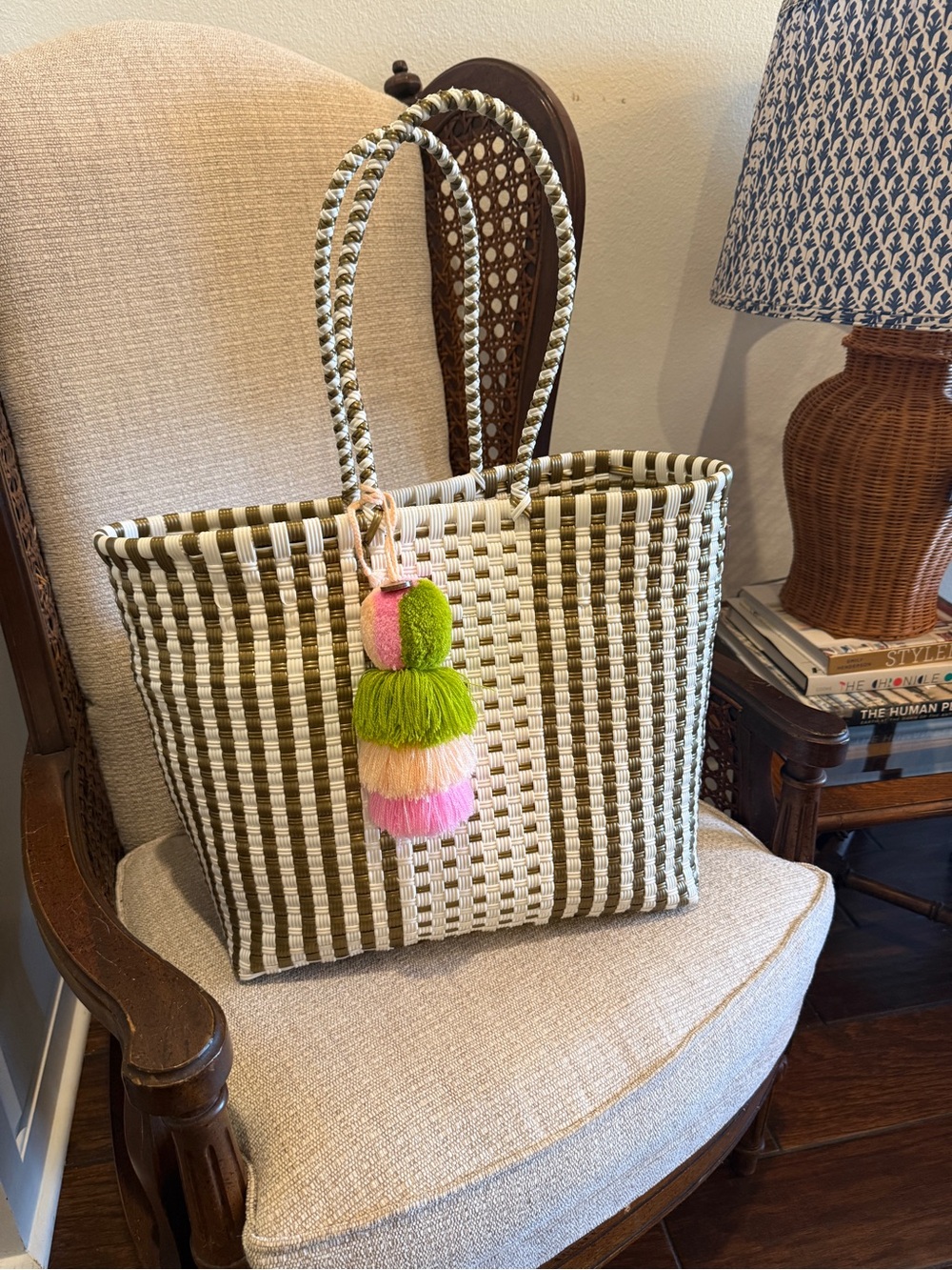 Squeeze de Citron Woven Gold  & White Tote with Pink Green Pom-Pom